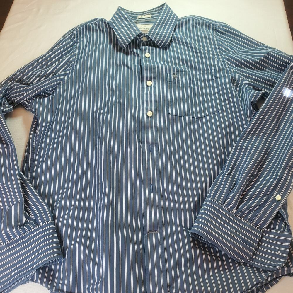 Abercrombie & Fitch Men's Size 2XL Blue Striped Long Sleeve Button-Up Shirt